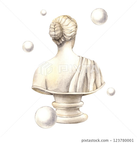 Antique female marble bust with plaster round balls, sculpture of the head of an ancient Greek goddess. Watercolor illustration in vintage style. Drawing for interior, poster, postcard, wedding design Antique female marble bust with plaster round balls, sculpture of the head of an ancient Greek goddess. Watercolor illustration in vintage style. Drawing for interior, poster, postcard, wedding design 123780001