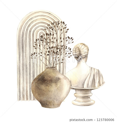 Composition of a female bust, a minimalist display, a brown vase and dried flowers. Watercolor drawing in a modern minimalist style. For design, posters, cards, flower arrangements, minimalist decor 123780006