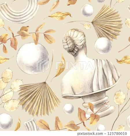 Antique female marble bust, dried flowers, plaster ball and decor. Watercolor pattern on a beige background in a minimalist style. Handmade composition for interior, packaging, wedding design, fabric Antique female marble bust, dried flowers, plaster ball and decor. Watercolor pattern on a beige background in a minimalist style. Handmade composition for interior, packaging, wedding design, fabric 123780010
