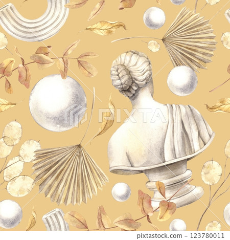 Antique female marble bust, dried flowers, plaster ball and decor. Watercolor pattern on an ocher background in a modern style. Handmade composition for interior, packaging, wedding design, fabric 123780011