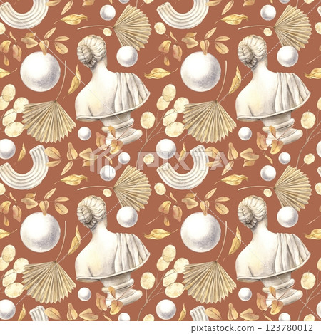 Antique female marble bust, dried flowers, plaster ball and decor. Watercolor pattern on a red-orange background in antique style. Handmade composition for interior, packaging, wedding design, fabric Antique female marble bust, dried flowers, plaster ball and decor. Watercolor pattern on a red-orange background in antique style. Handmade composition for interior, packaging, wedding design, fabric 123780012