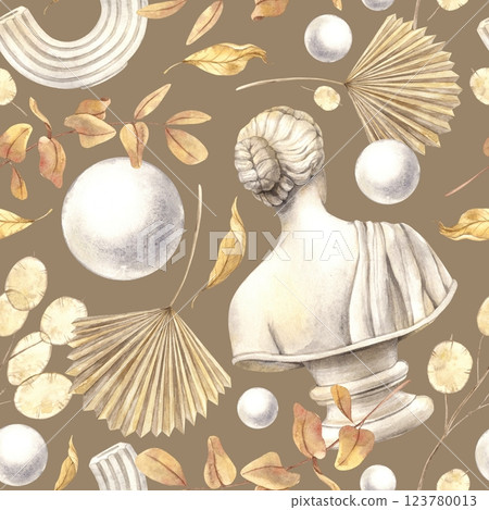 Antique female marble bust, dried flowers, plaster ball and decor. Watercolor pattern on a brown background in Scandinavian style. Handmade composition for interior, packaging, wedding design, fabric Antique female marble bust, dried flowers, plaster ball and decor. Watercolor pattern on a brown background in Scandinavian style. Handmade composition for interior, packaging, wedding design, fabric 123780013