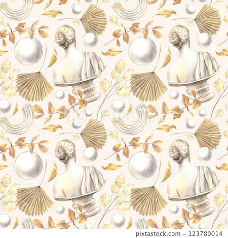 Antique female marble bust, dried flowers, plaster ball and decor. Watercolor pattern on a beige background in a minimalist style. Handmade composition for interior, packaging, wedding design, fabric Antique female marble bust, dried flowers, plaster ball and decor. Watercolor pattern on a beige background in a minimalist style. Handmade composition for interior, packaging, wedding design, fabric 123780014