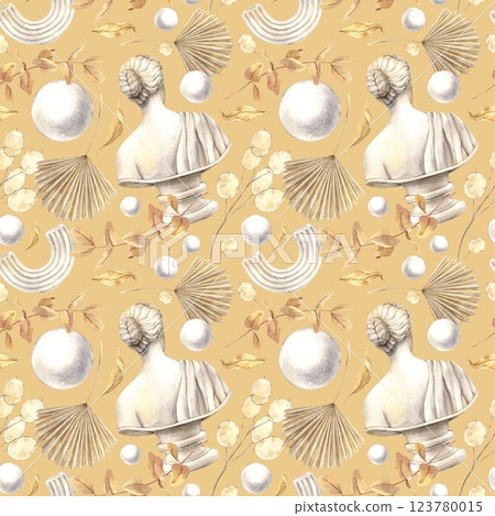 Antique female marble bust, dried flowers, plaster ball and decor. Watercolor pattern on an ocher background in a modern style. Handmade composition for interior, packaging, wedding design, fabric Antique female marble bust, dried flowers, plaster ball and decor. Watercolor pattern on an ocher background in a modern style. Handmade composition for interior, packaging, wedding design, fabric 123780015