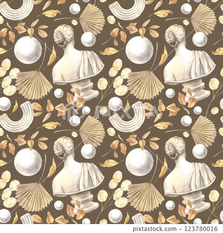 Antique female marble bust, dried flowers, plaster ball and decor. Watercolor pattern on a brown background in Scandinavian style. Handmade composition for interior, packaging, wedding design, fabric Antique female marble bust, dried flowers, plaster ball and decor. Watercolor pattern on a brown background in Scandinavian style. Handmade composition for interior, packaging, wedding design, fabric 123780016