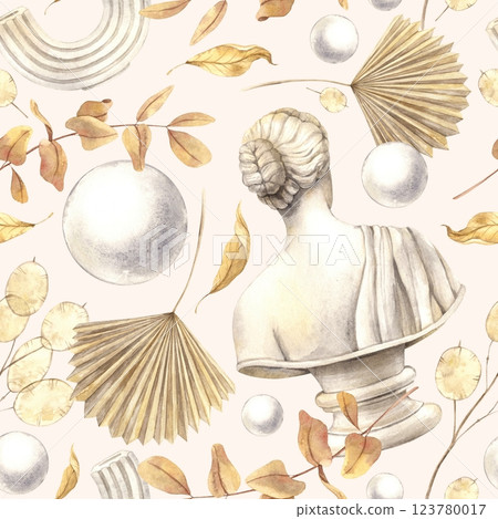 Antique female marble bust, dried flowers, plaster ball and decor. Watercolor pattern on a beige background in a minimalist style. Handmade composition for interior, packaging, wedding design, fabric Antique female marble bust, dried flowers, plaster ball and decor. Watercolor pattern on a beige background in a minimalist style. Handmade composition for interior, packaging, wedding design, fabric 123780017