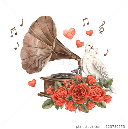 Vintage old gramophone with bouquet of red roses and white doves of love, with notes and hearts. Watercolor illustration for wedding, Valentine's Day, anniversary, cards, posters, banners, souvenirs Vintage old gramophone with bouquet of red roses and white doves of love, with notes and hearts. Watercolor illustration for wedding, Valentine's Day, anniversary, cards, posters, banners, souvenirs 123780253