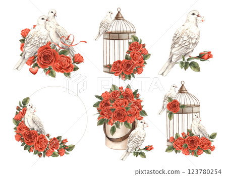 White doves symbolizing love, red roses and bouquets, vintage birdcage. Watercolor large set of illustrations. Set for wedding, Valentine's Day, anniversary, cards, posters, banners, souvenirs 123780254