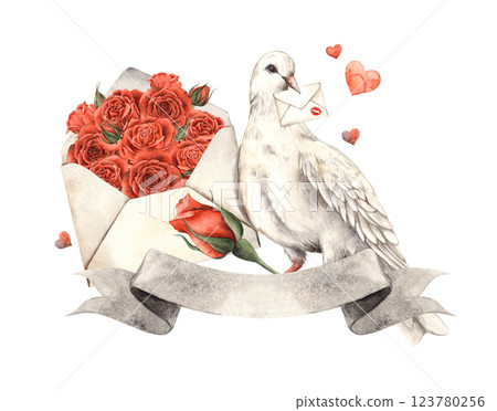 White dove with love letter, open letter with red velvet roses, hearts around and ribbon for text. Watercolor composition, suitable for Valentine's Day, wedding designs, greeting cards, gift wrap 123780256