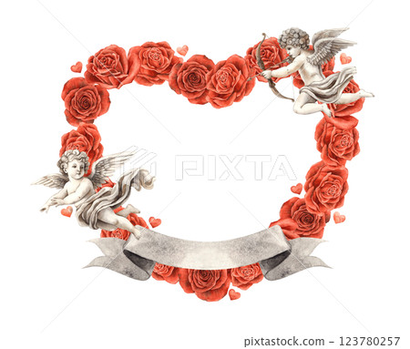 Cherub angels cupids of love with bright red velvet roses, hearts and ribbon for text. Watercolor hand drawn illustration suitable for wedding, Valentine's Day and anniversary design, cards, posters 123780257