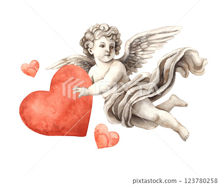 Cherub angel cupid of love with big red heart in hands and small ones around. Watercolor illustration in vintage style, suitable for wedding, Valentine's Day, anniversary, cards, posters and banners 123780258