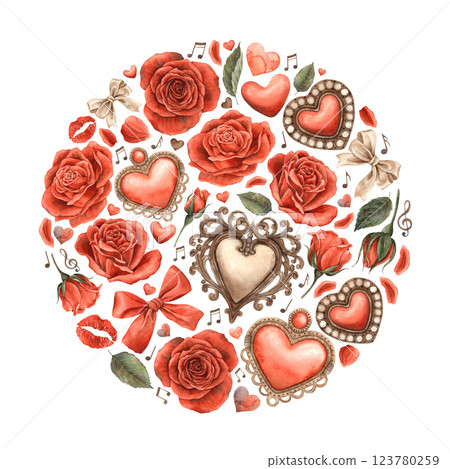 Vintage openwork hearts, red velvet roses and petals, green leaves, satin bows, hearts and notes. Watercolor circle composition. Suitable for Valentine's Day, wedding designs, cards, gift wrap 123780259