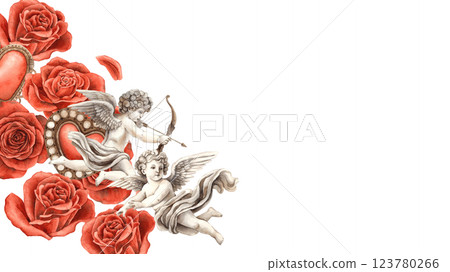 Red velvet bright roses with petals, Vintage heart and angel cupid. Watercolor hand drawn isolated rectangular frame for banner, suitable for Valentine's Day, wedding, invitation, romantic design 123780266