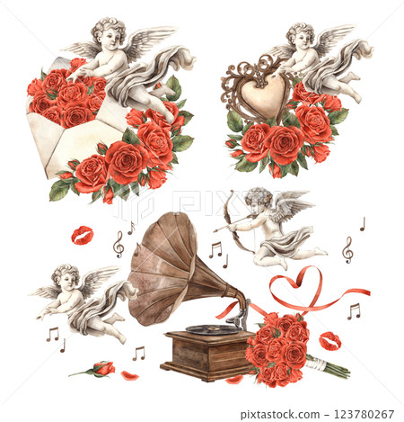 Angel cupid, red roses and bouquet, envelope, copper gramophone and notes, kisses. Watercolor set with different illustrations, suitable for Valentine's Day, wedding, invitation, romantic design 123780267