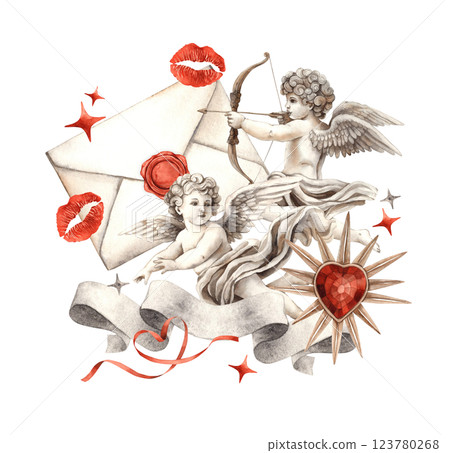 Angels cupids with love letter, vintage heart with red crystal, kiss marks and red stars. Watercolor illustration with ribbon for text, suitable for Valentine's Day cards, wedding invitations 123780268