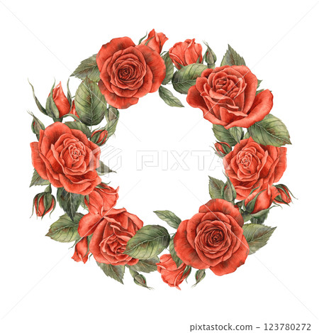 Gorgeous red bright velvet roses with buds and green leaves. Watercolor realistic beautiful round wreath of flowers. Suitable for floristry design, Valentine's Day, Weddings and Birthdays, cards Gorgeous red bright velvet roses with buds and green leaves. Watercolor realistic beautiful round wreath of flowers. Suitable for floristry design, Valentine's Day, Weddings and Birthdays, cards 123780272