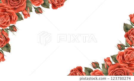 Roses of bright red velvet color with buds and green leaves. Watercolor frame of flowers, located in the corners, there is a place for text. For floristry design, Valentine's Day, Weddings, Birthdays 123780274