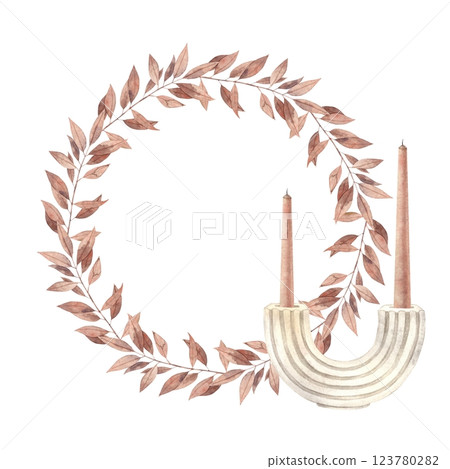 Floral wreath of dried plants in burgundy color with a plaster candlestick and candles. Watercolor illustration in minimalistic style for poster, wedding design, invitations, textiles, packaging Floral wreath of dried plants in burgundy color with a plaster candlestick and candles. Watercolor illustration in minimalistic style for poster, wedding design, invitations, textiles, packaging 123780282