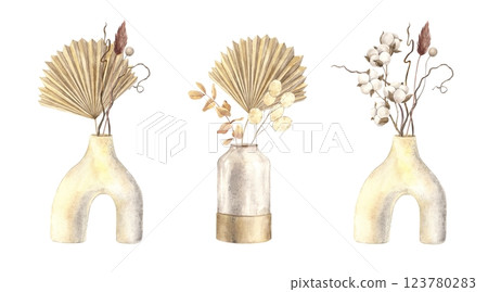 Ceramic vases with dried flowers, palm leaf, cotton, branches, eucalyptus, lagurus, lunaria. Watercolor set of illustrations in Scandinavian style for interior, wedding design, invitations, card Ceramic vases with dried flowers, palm leaf, cotton, branches, eucalyptus, lagurus, lunaria. Watercolor set of illustrations in Scandinavian style for interior, wedding design, invitations, card 123780283