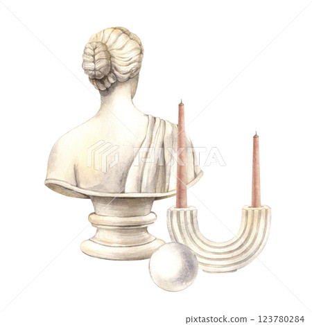 Antique female marble bust, plaster round ball with candlestick and wax candles. Watercolor composition in Scandinavian style. Composition for interior, poster, card, wedding and fashion design Antique female marble bust, plaster round ball with candlestick and wax candles. Watercolor composition in Scandinavian style. Composition for interior, poster, card, wedding and fashion design 123780284