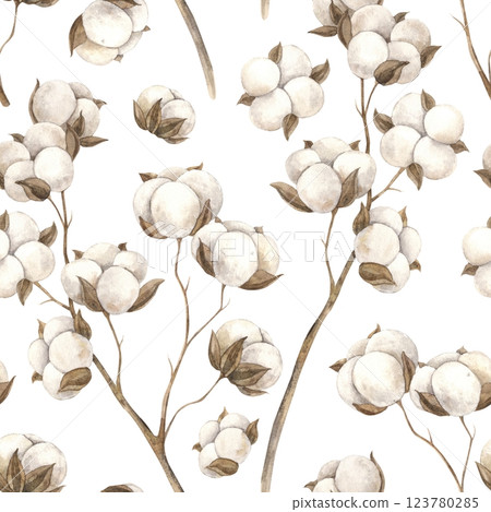 Seamless watercolor pattern of cotton and branches. Pattern on a white background in a minimalist style, hand-drawn. Interior pattern, wedding design, fabric, packaging design, wrapping paper 123780285