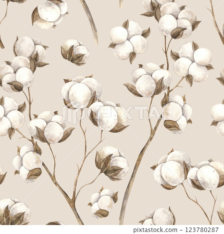 Pattern of their cotton flowers. Seamless botanical watercolor pattern on a beige background drawn by hand. Pattern for fabric, textile, clothing, web pages, wallpaper, background, packaging 123780287