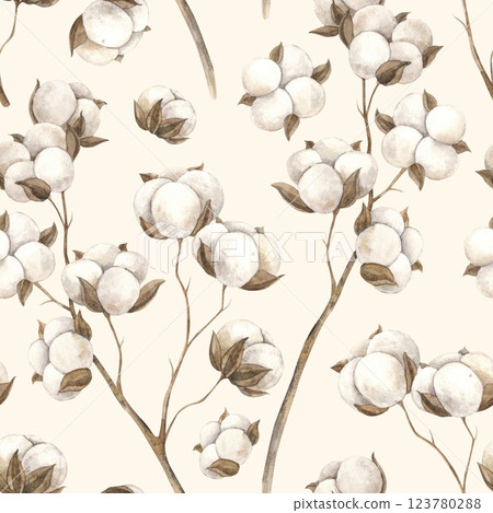Pattern of their cotton flowers. Seamless botanical watercolor pattern on a beige background drawn by hand. Pattern for fabric, textile, clothing, web pages, wallpaper, background, packaging 123780288