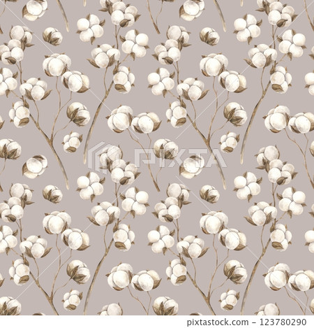 Pattern of their cotton flowers. Seamless botanical watercolor pattern on a beige background drawn by hand. Pattern for fabric, textile, clothing, web pages, wallpaper, background, packaging 123780290