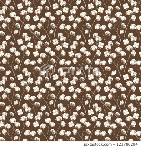 Cotton flowers with branches in beige shades. Seamless botanical watercolor pattern on a brown background drawn by hand. Pattern for fabric, clothing, web pages, wallpaper, background, packaging 123780294