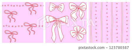 Coquette seamless pattern set. Pretty Girly Bows, Lines and Dots on Pink background. Trendy feminine romantic template for wedding cards, wrapping. Vector Illustration. Coquette seamless pattern set. Pretty Girly Bows, Lines and Dots on Pink background. Trendy feminine romantic template for wedding cards, wrapping. Vector Illustration. 123780387