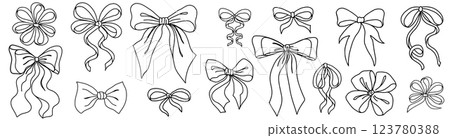 Cute Coquette Bow knots isolated on white. Hand-Drawn Girly bows letter writing stationery..Trendy feminine romantic icons for Wedding celebration, holiday, party decoration, gift, present concept. Cute Coquette Bow knots isolated on white. Hand-Drawn Girly bows letter writing stationery..Trendy feminine romantic icons for Wedding celebration, holiday, party decoration, gift, present concept. 123780388