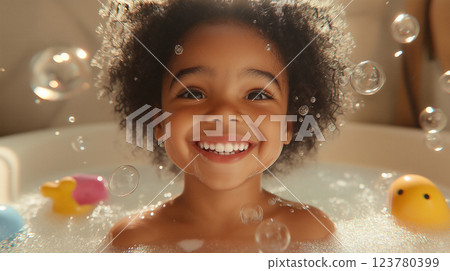 Joyful little girl enjoying a bubble bath filled with colorful toys and playful bubbles in a cozy bathroom setting Joyful little girl enjoying a bubble bath filled with colorful toys and playful bubbles in a cozy bathroom setting 123780399