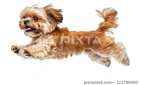 Dog jumps in mid-air from the side showing energetic and playful action against a plain background 123780400