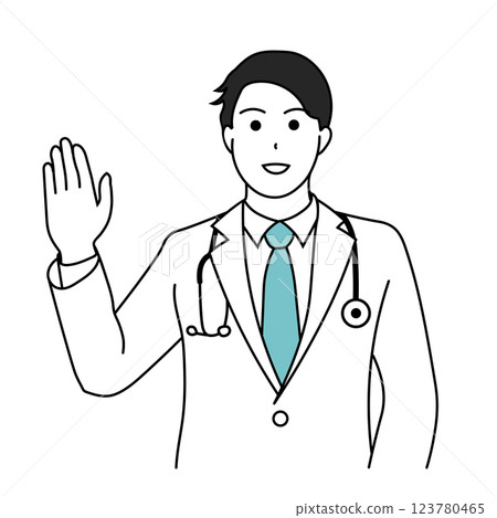 一位微笑的男醫生舉起手的插圖 一位微笑的男醫生舉起手的插圖 123780465