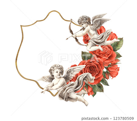 Elegant vintage floral frame with red roses, green leaves and beautiful plaster angels cupids. Watercolor hand drawn illustration perfect for Valentine's Day, weddings, invitations or romantic designs Elegant vintage floral frame with red roses, green leaves and beautiful plaster angels cupids. Watercolor hand drawn illustration perfect for Valentine's Day, weddings, invitations or romantic designs 123780509