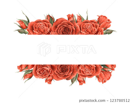Red velvet bright roses with unblown buds and green leaves. Watercolor hand-drawn isolated flower frame is suitable for Valentine's Day, wedding, invitation, card, banner or romantic designs 123780512