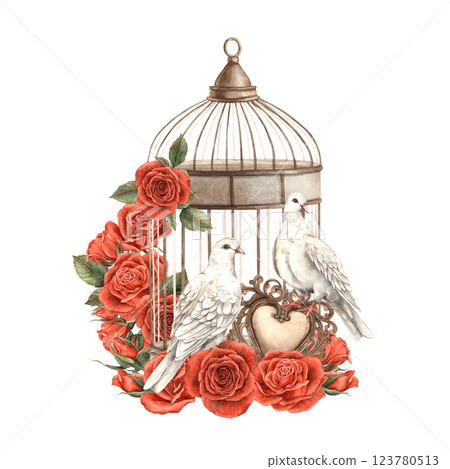Vintage bird cage with bouquets of bright red roses, realistic white doves and an openwork heart. Watercolor hand-drawn illustration in vintage style, for Valentine's Day, wedding, anniversary, cards 123780513