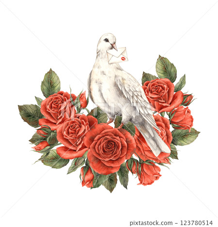 White dove with letter and kiss surrounded by bouquet of bright red realistic roses with leaves. Watercolor hand drawn illustration in vintage style, for Valentine's Day, wedding, anniversary design 123780514