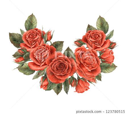 Bouquet of red scarlet velvet roses with unblown buds and green leaves. Watercolor illustration for design of cards, invitations, banners for weddings, Valentine's Day, birthdays and anniversaries Bouquet of red scarlet velvet roses with unblown buds and green leaves. Watercolor illustration for design of cards, invitations, banners for weddings, Valentine's Day, birthdays and anniversaries 123780515