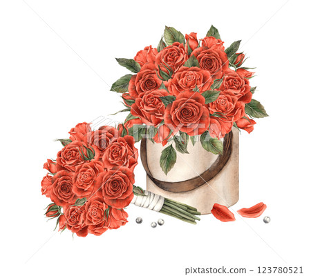 Bouquet of bright red roses wrapped with white ribbon and bouquet of roses in brown box. Watercolor romantic illustration, suitable for Valentine's Day cards, wedding invitations, gift wrapping 123780521