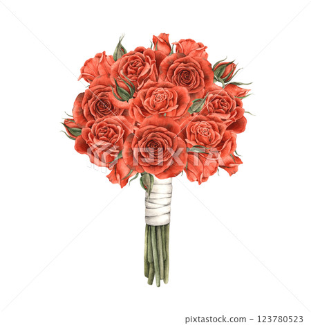 Bouquet of bright red roses and unblown buds, tied with white satin ribbon. Watercolor realistic illustration suitable for Valentine's Day design, wedding invitations, gift wrapping and romantic decor 123780523