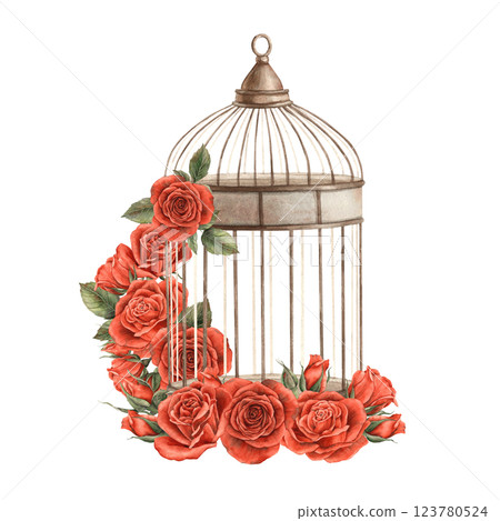 Vintage openwork copper birdcage is empty, bright red roses grow around it. Watercolor illustration in romantic style is suitable for decoration of Valentine's Day, wedding invitations and anniversary 123780524