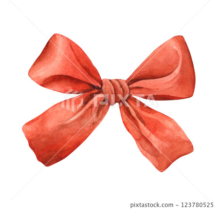 Silk bright red satin bow in realistic style. Watercolor drawing, hand-drawn, for decoration of designer and souvenir products of holidays Birthday, wedding, Valentine's Day, anniversary, Christmas 123780525