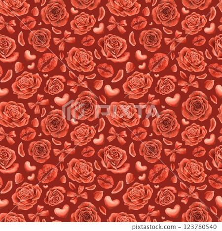 Red roses and petals, lipstick kiss print, hearts, velvet bow. Watercolor seamless pattern on red background is suitable for Valentine's Day, wedding designs, greeting cards, fabric and gift wrap 123780540