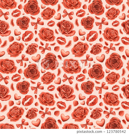 Red roses and petals, lipstick kiss print, hearts, velvet bow. Watercolor seamless pattern on pink background is suitable for Valentine's Day, wedding designs, greeting cards, fabric and gift wrap 123780542