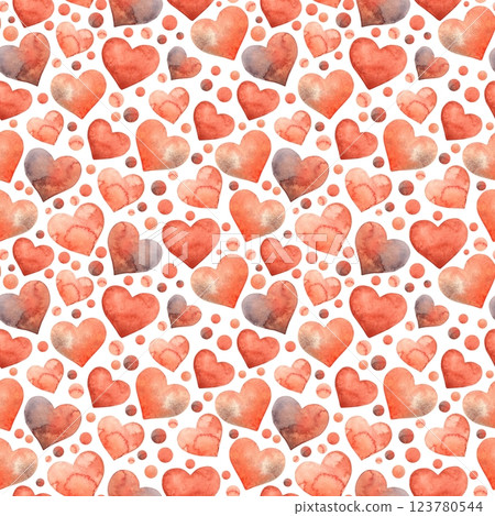 Watercolor red hearts of different sizes, small and big. Seamless pattern is suitable for different holidays, weddings, Valentine's Day, birthdays, anniversaries, for textiles, packaging, cards 123780544
