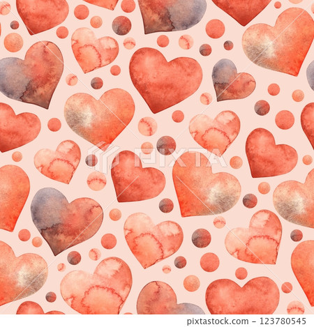 Watercolor red hearts of different sizes, small and big. Seamless pattern on pink background is suitable for weddings, Valentine's Day, birthdays, anniversaries, for textiles, packaging, cards 123780545