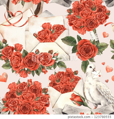 White dove with love letter, envelope with red velvet roses, bouquet with flowers, hearts. Watercolor seamless pattern on pink background is suitable for Valentine's Day, wedding design, gift wrapping 123780555