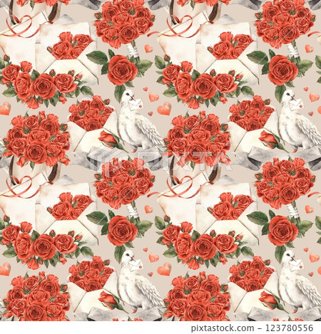 White dove with love letter, envelope with red velvet roses, bouquet with flowers, hearts. Seamless watercolor pattern on light pink background, suitable for Valentine's Day, wedding design, gift wrap 123780556