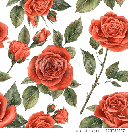 Red bright realistic roses with buds and leaves, open envelope and sealed envelope with wax seal. Watercolor hand-drawn frame, suitable for decorating holidays Valentine's Day, weddings, birthdays 123780557